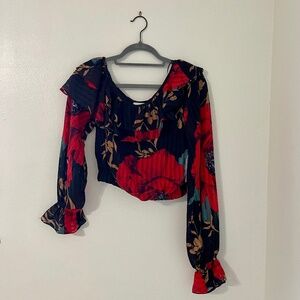 LINI Blouse Red Floral Shoulder Top